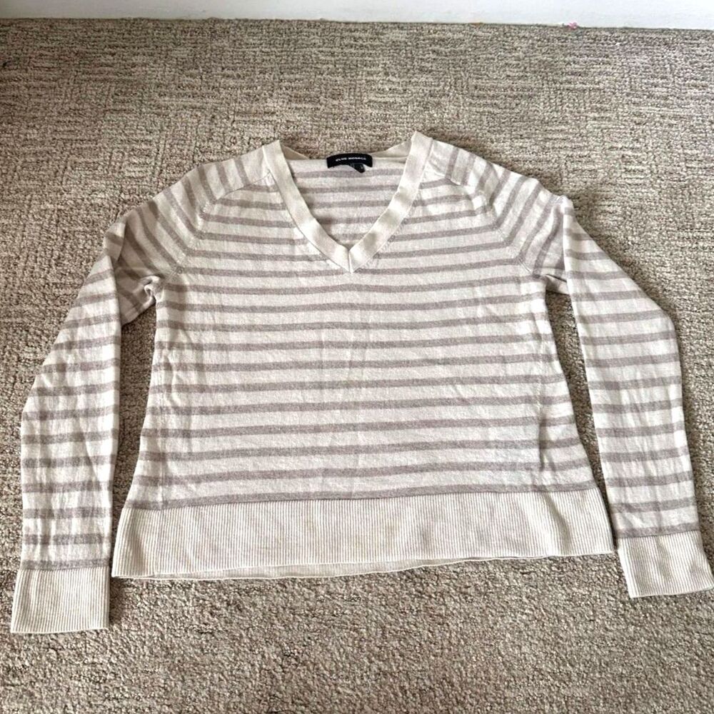 Club Monaco 100% Wool Striped V Neck Sweater Womens XXS Beige Taupe Lightweight - Picture 1 of 7